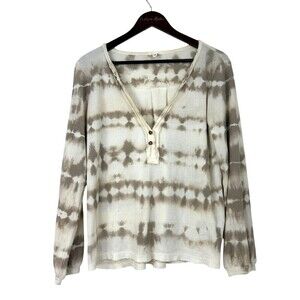 POL Womens Sz S V Neck Top Beige Tie Dye Oversized Relaxed Waffle Knit Shirt H2